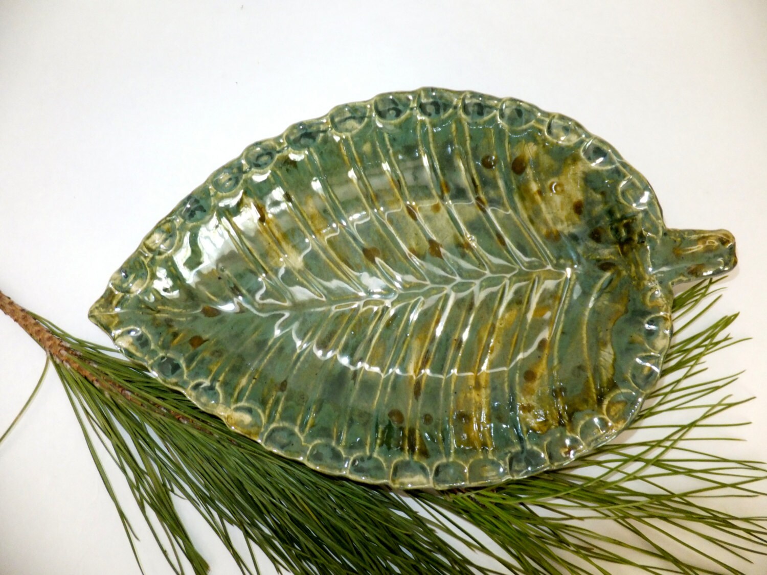 Ceramic Green Leaf Bowl Rustic Handmade by WildCrowFarmPottery