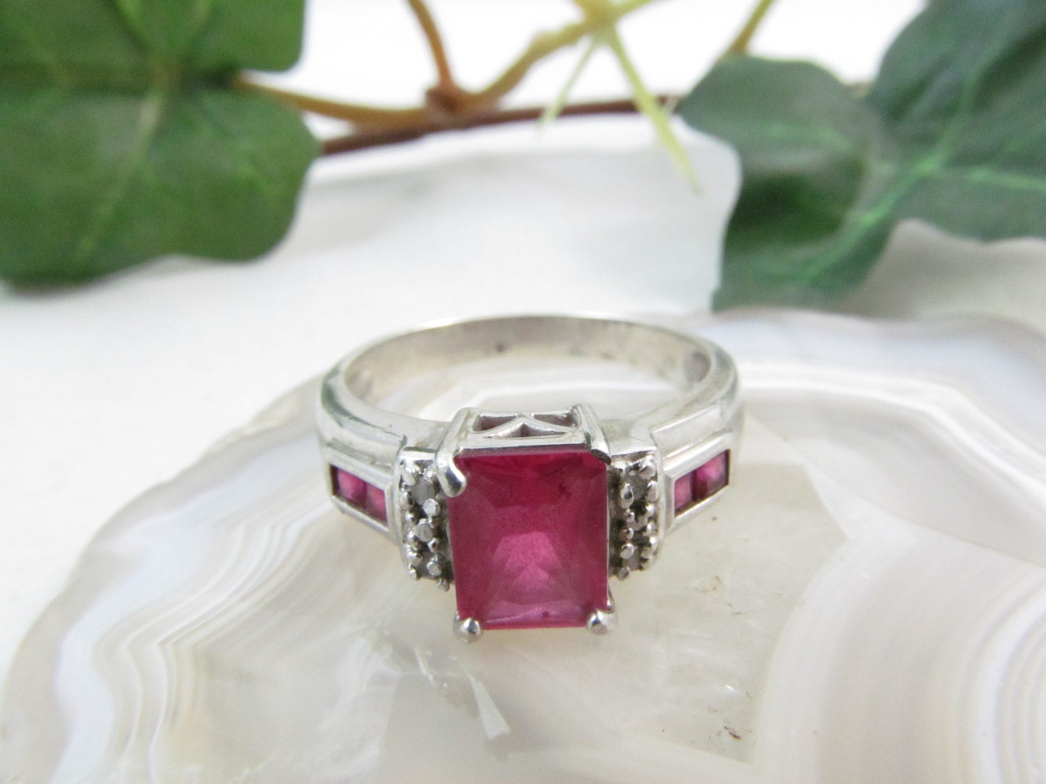 RESERVED Triple Stone Synthetic Ruby Ring In a 925