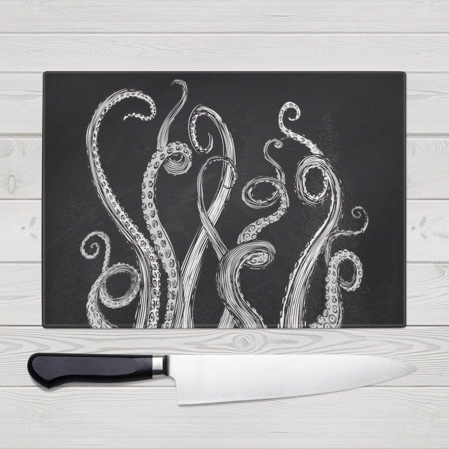 Octopus Design Glass Cutting Board Black and White by InkandRags