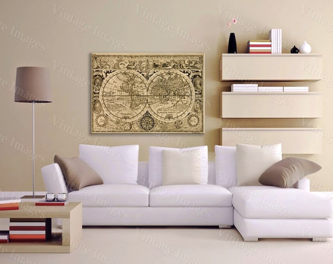 Giant Historic 1628 Old Antique Restoration Hardware Style World Map Fine Art Print Old World Map Wall Decor Large size up to 43" x 56