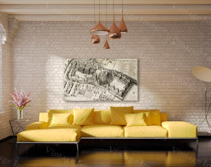 GIANT 1658 Historic bird's-eye view of Windsor Castle Antique Restoration Hardware Style wall Map Antique map wall Decor