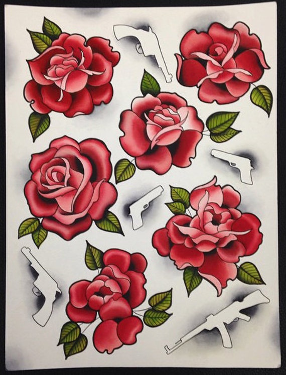 Items similar to 9 x 12 in. Guns & Roses Watercolor Tattoo Flash Sheet ...