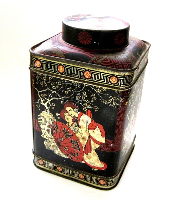 Antique Japanese Tea Tin Art Deco Large Tin by SharetheLoveVintage
