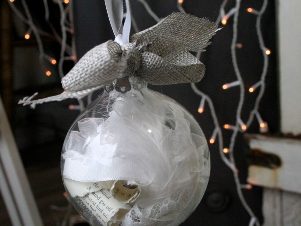 Glass White Feather and Lace Bauble Decoration, Handmade Christmas Ornaments, Filled Glass Baubles,