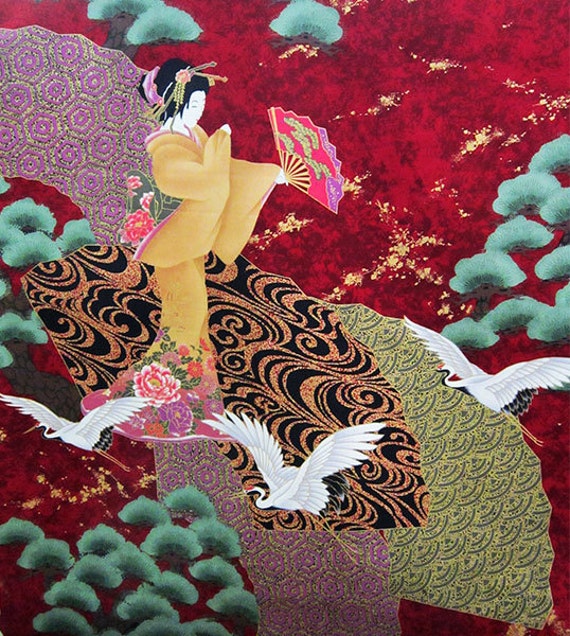 Geisha Panel Red Asian Japanese Fabric Panel 24 by AsianFabrics