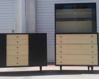 2pc China Cabinet Display Case Buffet Server Media Console Mid Century Modern MCM Retro Mad Men Hutch Glass Doors Storage Table Vintage
