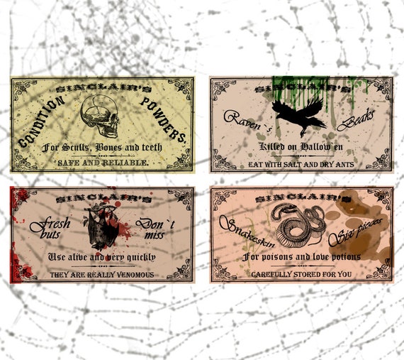 Set of 4 big gothic labels in fantasy style for potions and halloween wine bottles jpeg instant digital download