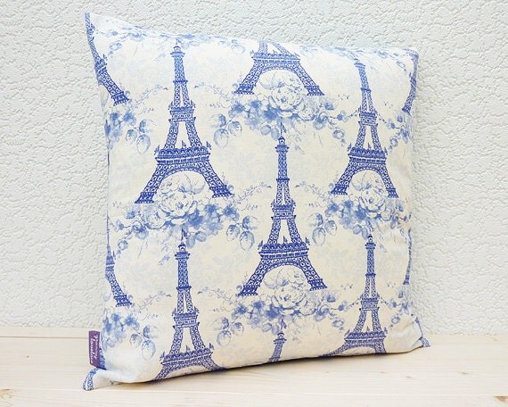 Handmade 16"x16" Cotton Cushion Pillow Cover in China Blue/White French Paris Eiffel Tower/Flower Bouquets Design Print