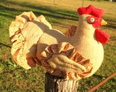 Burlap chicken doll doorstop - rustic country hen with burlap body, calico ruffles around quilted wings & tail, lifelike comb and wattle
