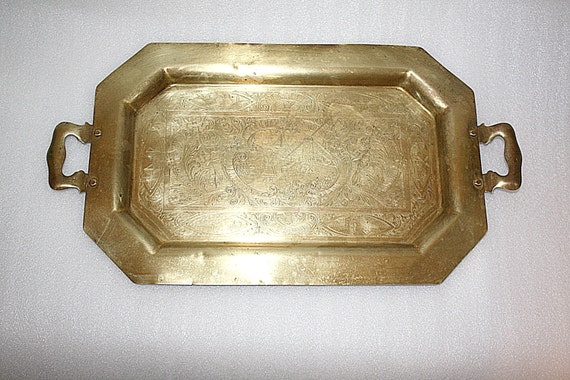 Antique Etched Solid Brass Tray The Scene by QUEENIESECLECTIC