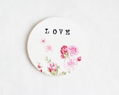Wooden gift coaster with printed typewriter style text 'LOVE'  - 1 pcs, gift ideas, handmade, love, valentine, foral