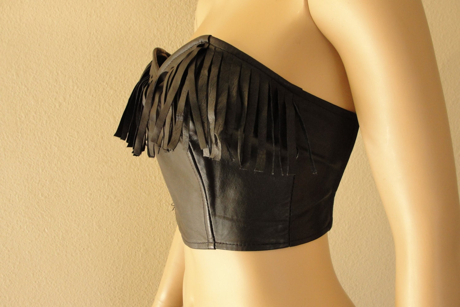 Vintage fringe leather half top belly shirt strapless