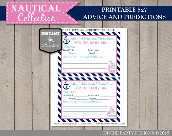 SALE INSTANT DOWNLOAD Nautical Girl Baby Shower 5x7 Advice and Predictions Card/ Printable Diy / Nautical Girl Collection / Item #627