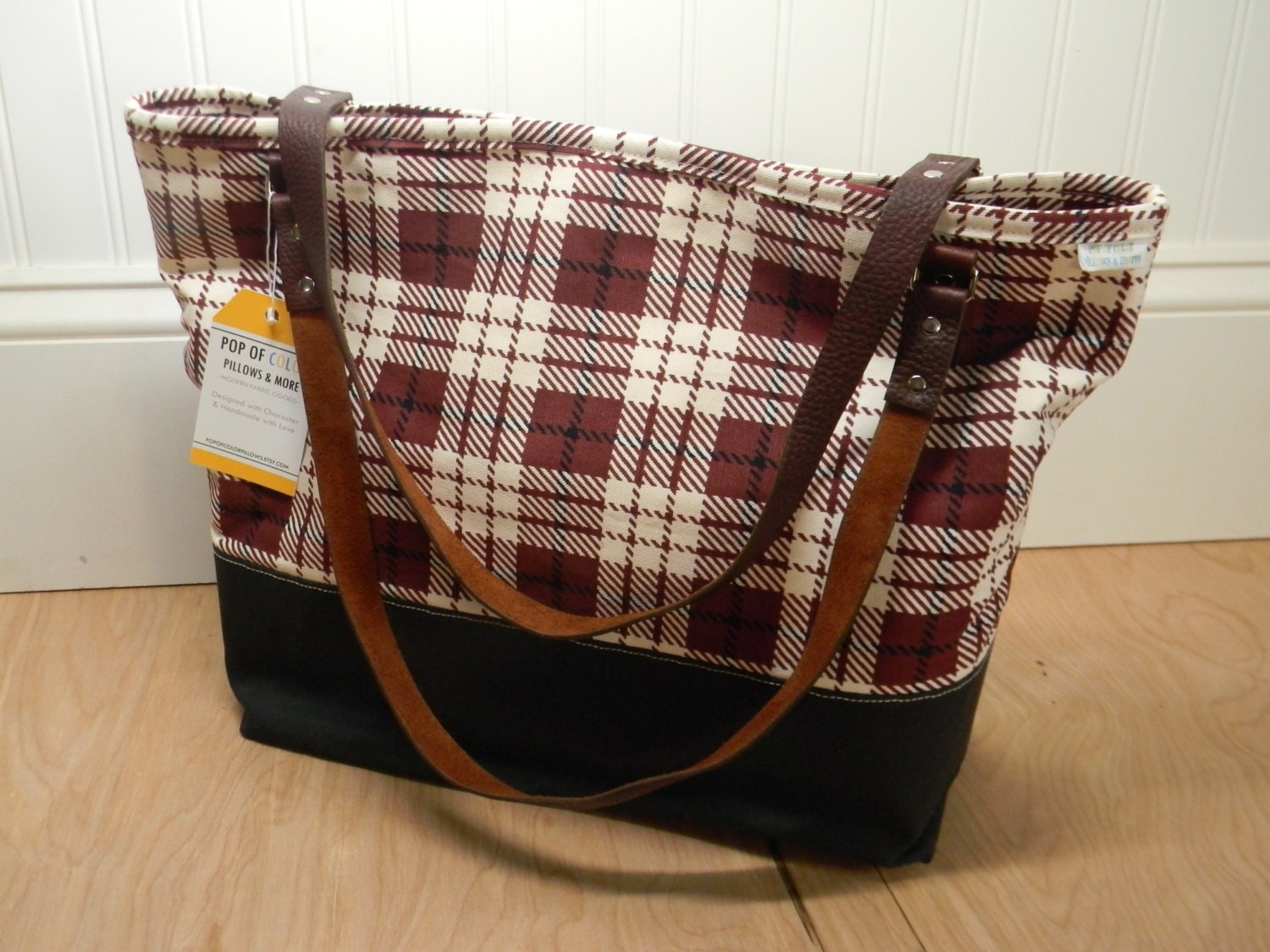 The Diane Tote Maroon Plaid Leather Handled by PopOfColorPillows