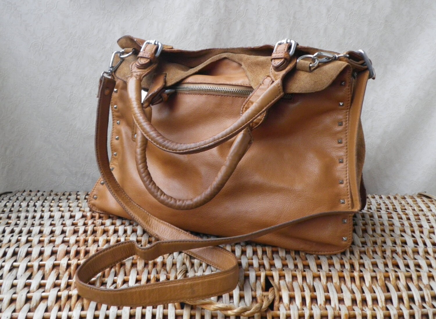 Vintage Lady&#39;s Brown Soft Leather And Suede Purse Hobo Bag