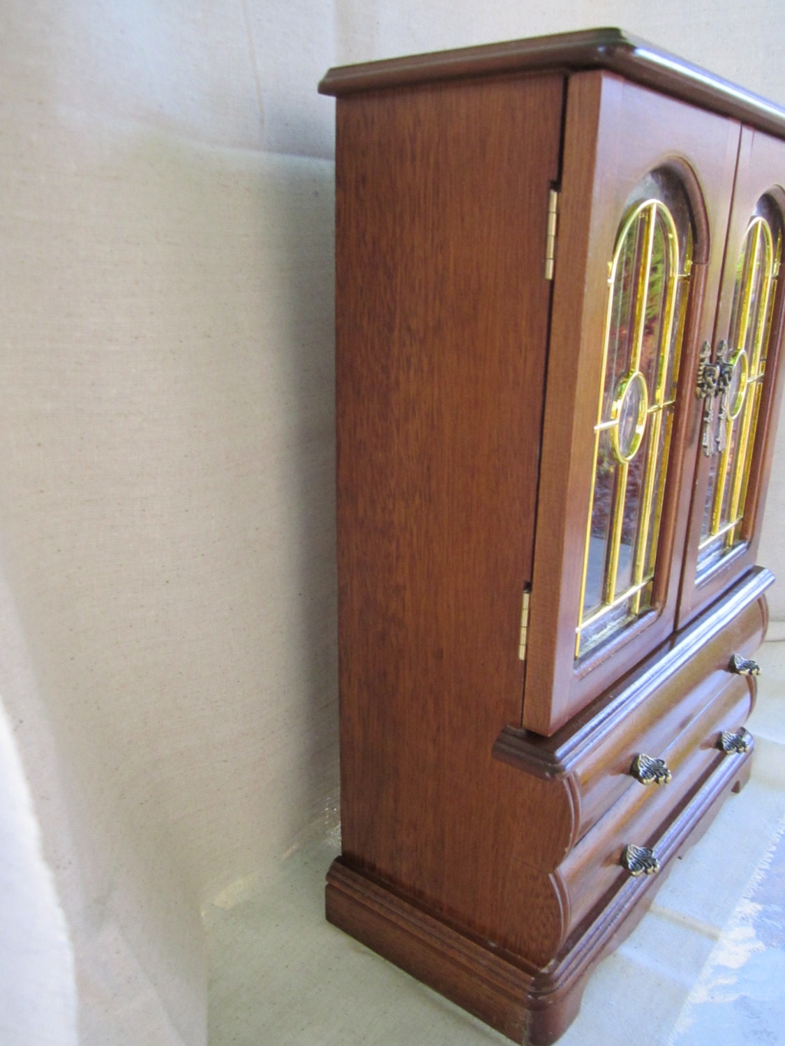 Wood Jewelry Box Glass Doors Jewelry Chest Necklace Carousel