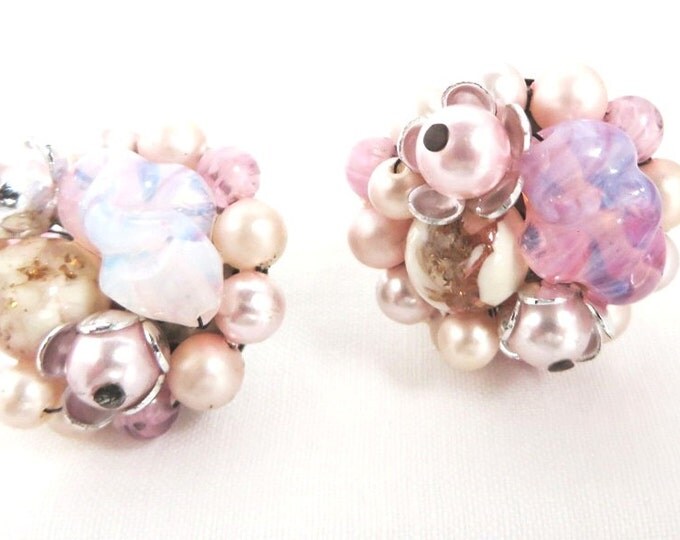 Vintage Japan Pink Cluster Earrings, Faux Pearl Bead & Art Glass Clip-ons
