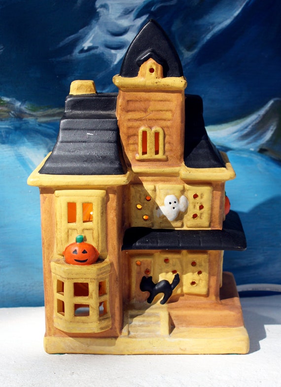 Halloween Ceramic Haunted House  With Blinking Lights