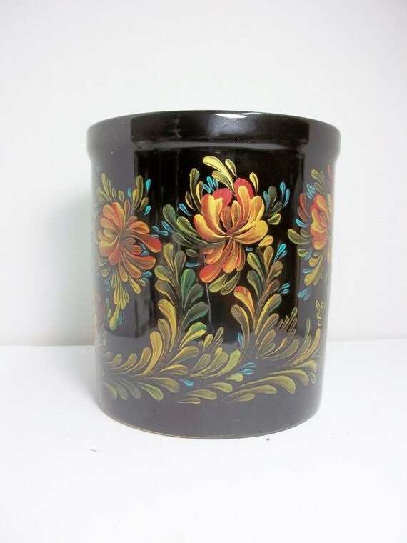 Black Stoneware Storage Jar Utensil Holder Kitchen