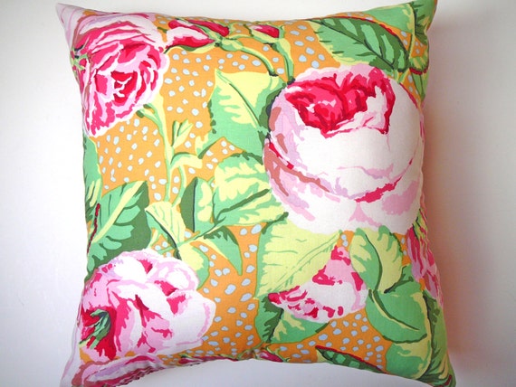 Shabby Chic Pillow Floral Rose Pillow Cushion / Kaffe Fassett fabric / 15" x 15"  Scarletts Cozy Cottage