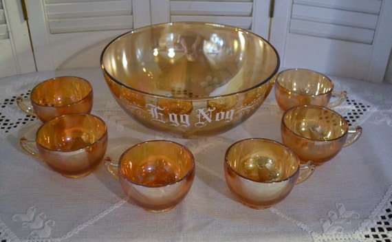 Vintage Carnival Glass Egg Nog Punch Bowl 6 Cups Chrsitmas