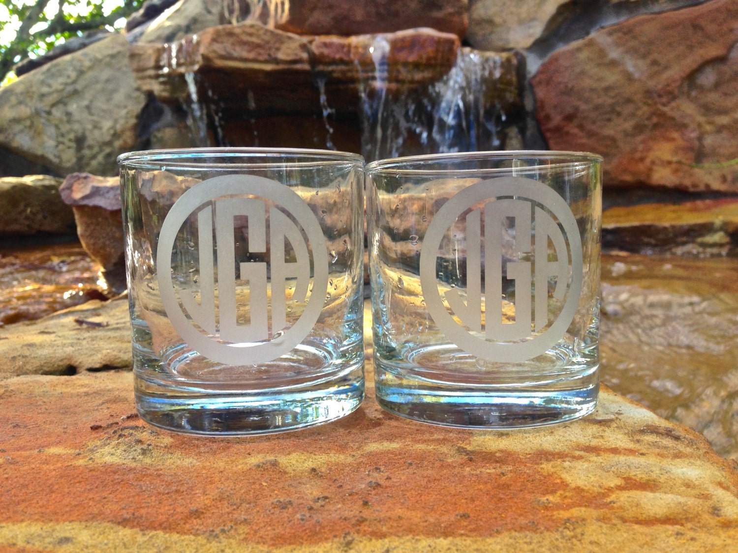 Two Etched Whiskey Glasses