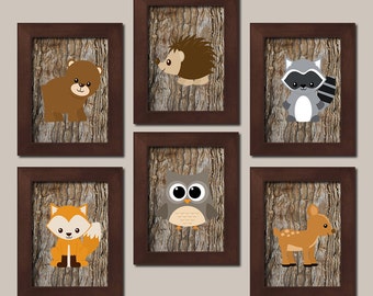 Woodland Nursery Art Boy Nursery Decor Forest Animals Bear Deer Fox Owl Raccoon Baby Shower Gift Nursery Pictures Set of 6 Prints Or Canvas