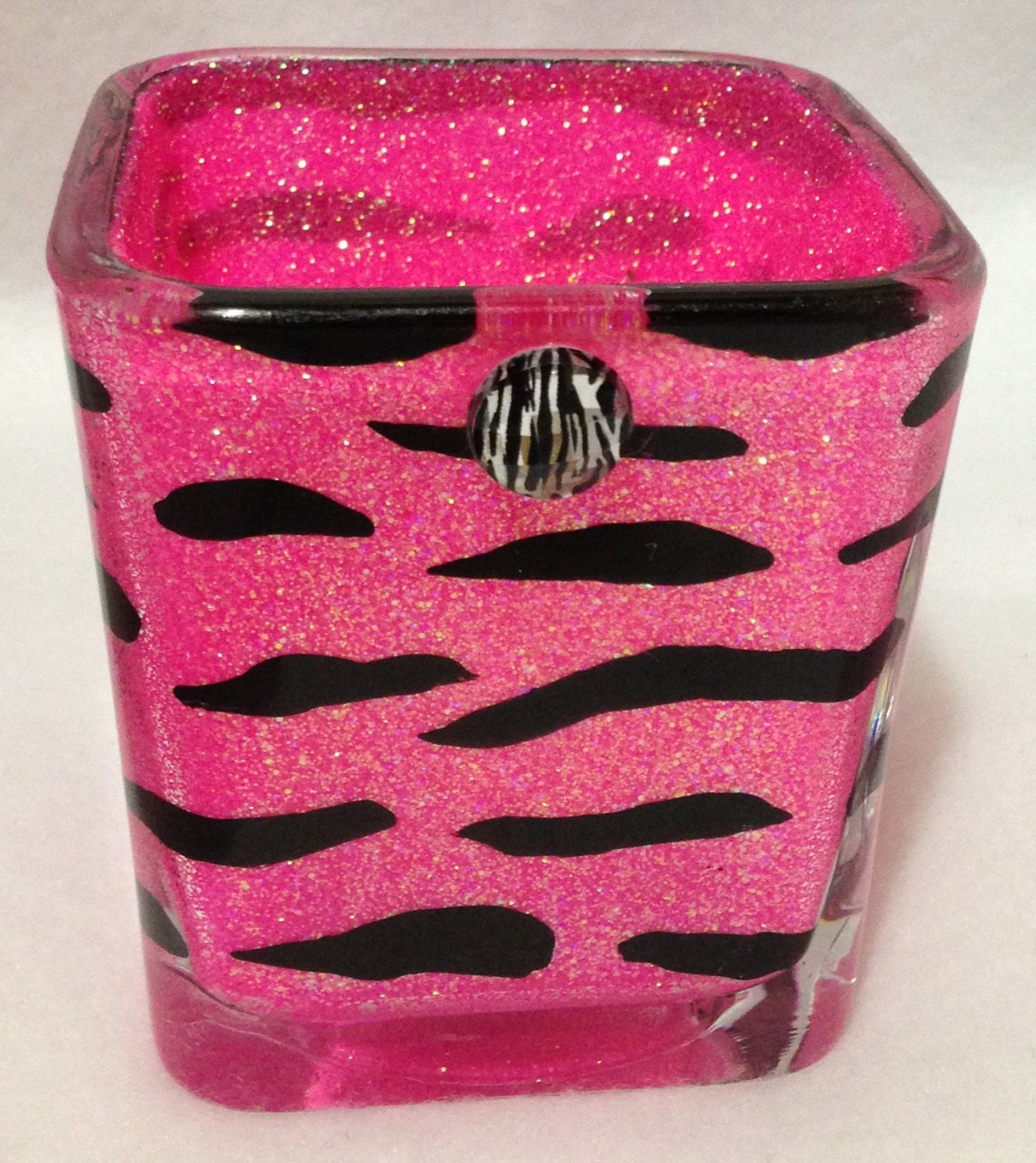 Zebra Print Glass Votive / Zebra Print Candle Holder/ Pink