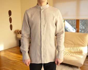 Natural linen classic handmade men's shirt