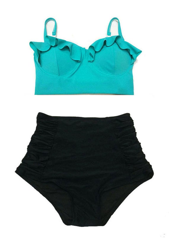 Mint Teal Midkini Top and Black Ruched High waisted waist