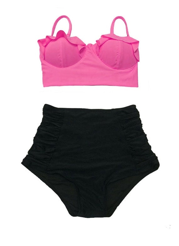 Pink Midkini Top and Black Ruched Ruch High Waisted by venderstore