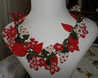 Red Lace Necklace - Traditional Turkish Oya