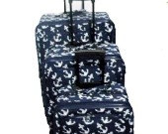 Three piece Luggage Set. Anchor Print in Navy Blue
