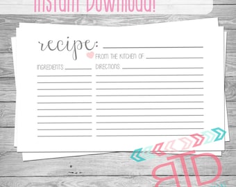 Recipe Card, Printable Recipe Card, Instant Download, Kitchen Decor, Customizable Recipe Card, 3x5 Recipe Cards, Kitchen Cook Book,