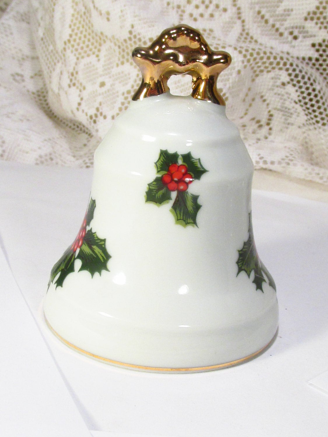 Vintage Lefton China hand painted holly Christmas bell.