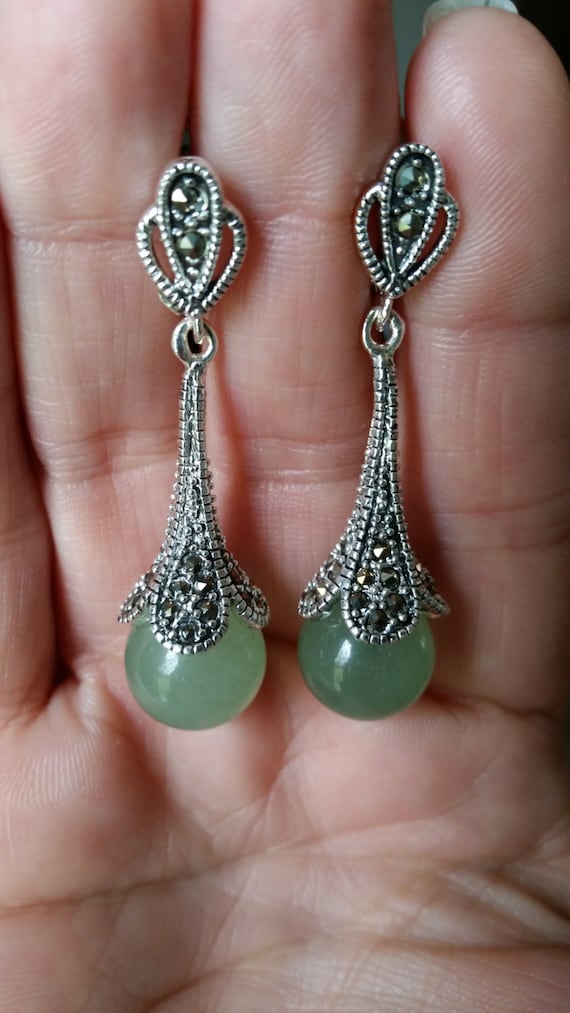 Vintage Sterling Silver Genuine Jade Marcasite Earrings
