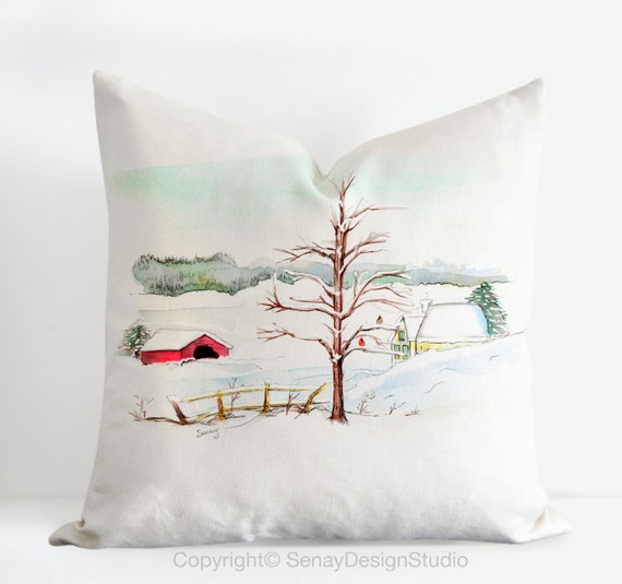 Watercolor Winter Pillow Cover Winter Scene 2 by SenayStudio