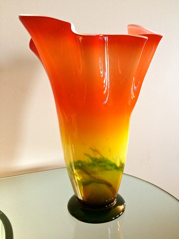 Large Vase Hand Blown Murano White Cased Orange Swirl Art Glass