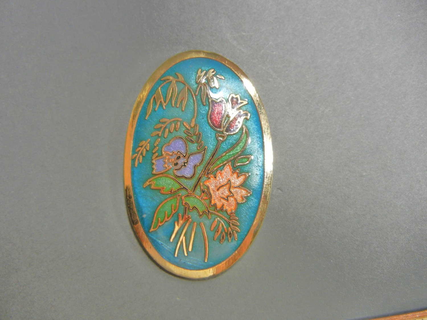 Vintage Cloisonne Large Teal Brooch Pin Haute Juice