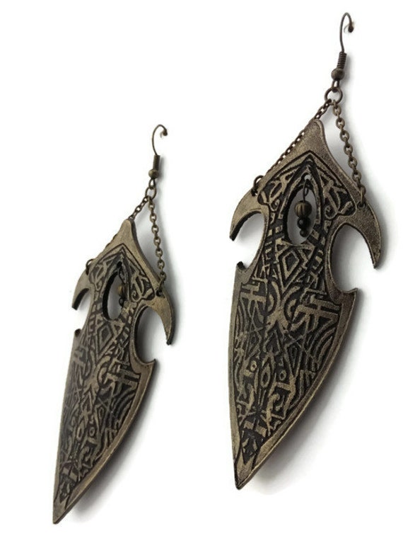 Long Elegant Shield Earrings Leather Earrings Golden