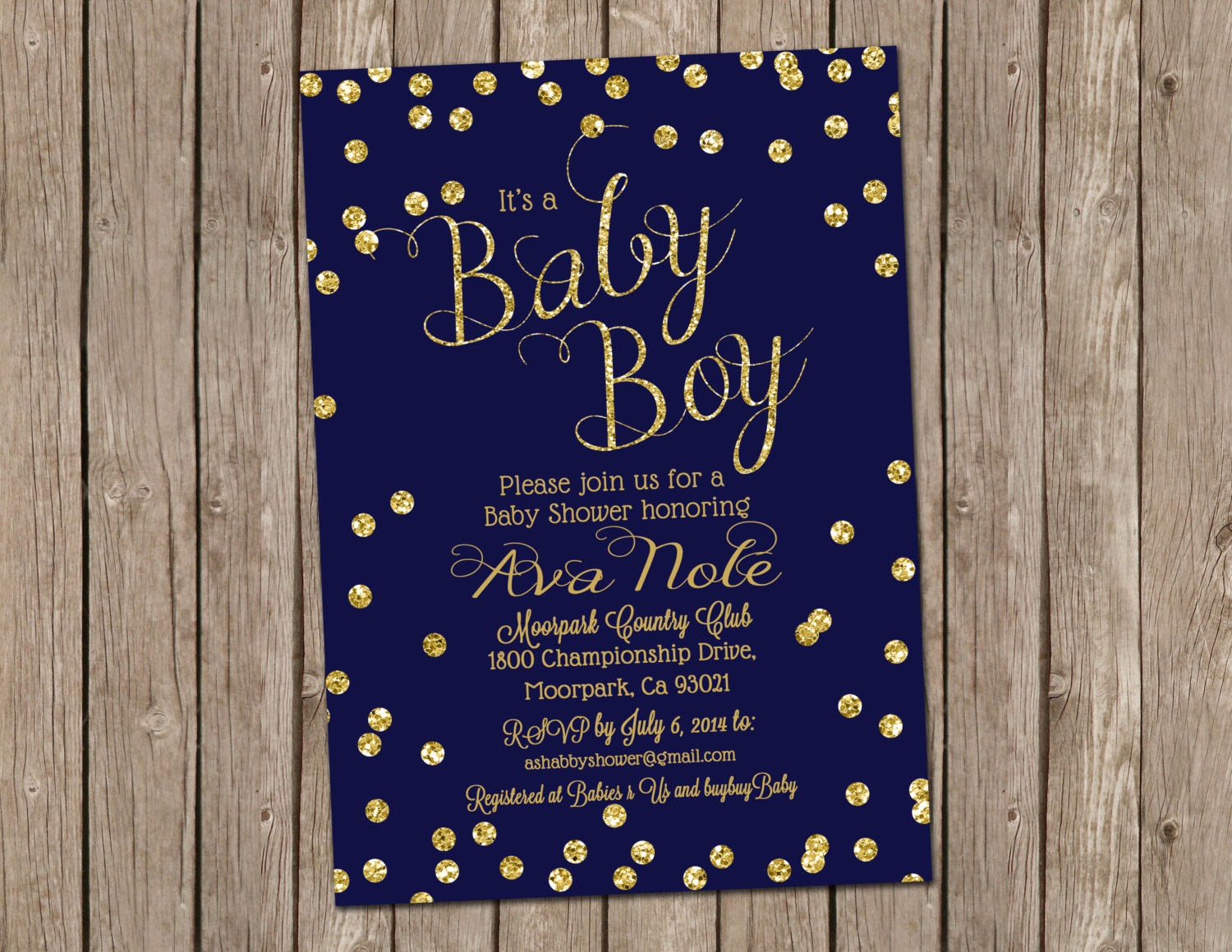 Baby Boy Shower Invitation in Navy and Gold with Gold Glitter