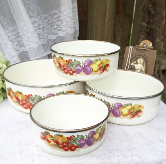 4 fruit enamel mixing bowls nesting metal by