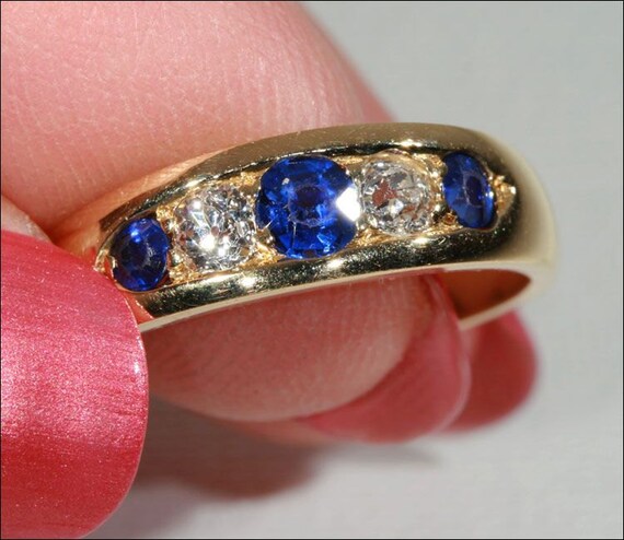 Victorian 5 Stone Sapphire and Diamond Ring in 18k Gold