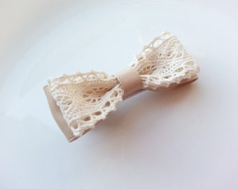 Baby/Girls Hair Bow Clip, Golden Beige Bow w/ Lace, Lace Hair Clip, Beige Hair Bow, Lace Hair Clip, Toddler Hair Clip, No Slip Clip