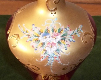 Venitian Made Tall Murano Ruby Red Bottle Flower Motif.