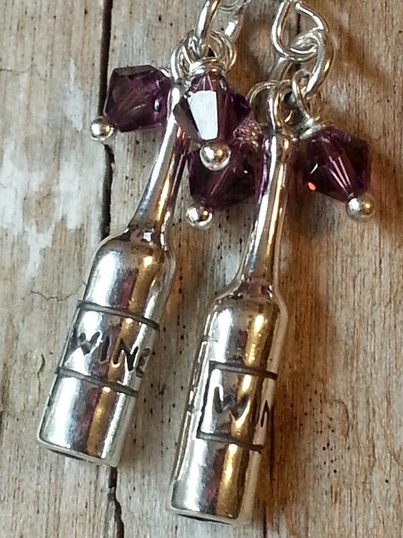 Wine bottle earrings with Swarovski crystal by BeachCabinJewels
