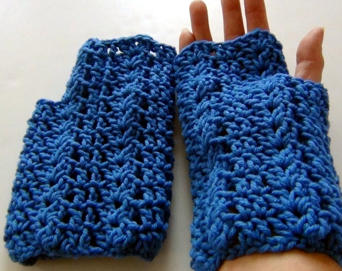 Crochet Shell Fingerless Gloves - Blue Acrylic Hand Warmers - Texting Mittens
