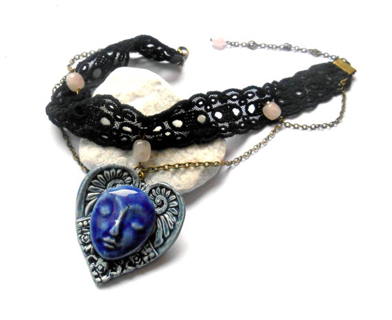 Crew Neck / Chest frilled lace blue angel on his heart and rose quartz stone romantic gothic dark by Ewavende steampunk buy now online
