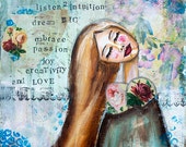 Whimsical Art, Be Brave, Mixed Media Painting, Motivational Words, Women Portrait, Collage, Inpirational quote, Art Giclee Print 12 x 12