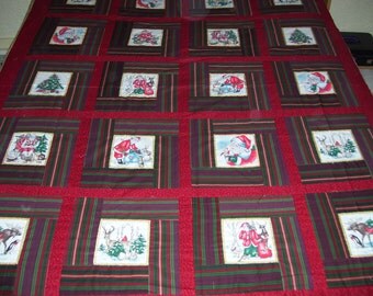 Unfinished quilt top ready to be made into a nice Christmas quilt-machine sewn together with pictures from a panel.